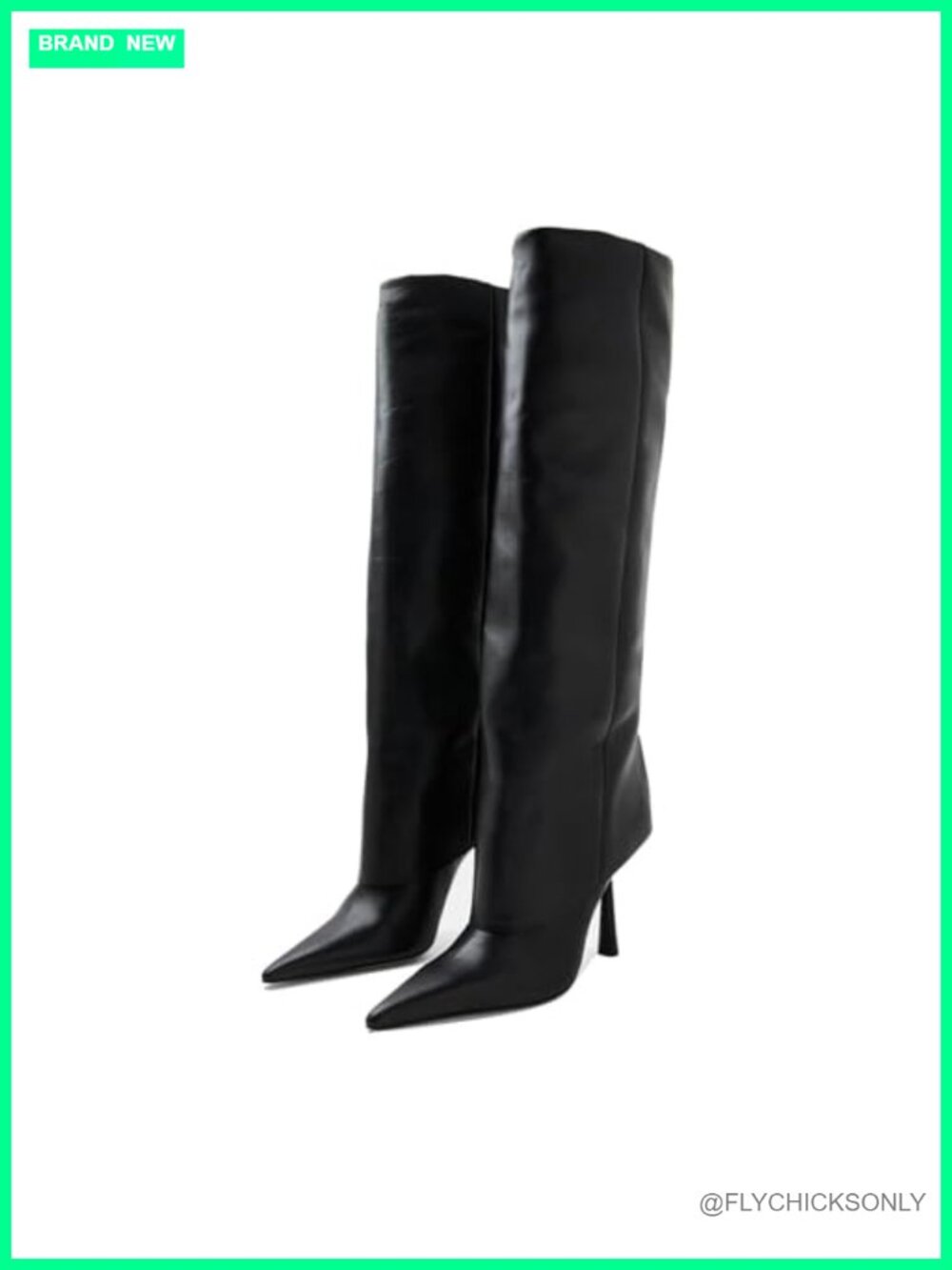 Faux Leather Fold Over Knee High Stiletto Boots Pointed Toe Slip On